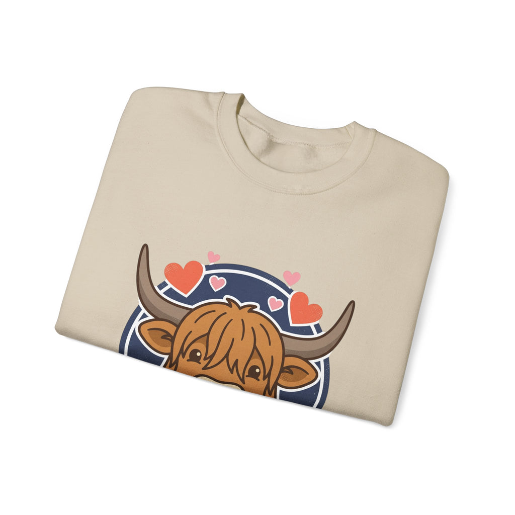 Sunny Highland Cow Crewneck Sweatshirt | summer aesthetic, pastel coastal vibes
