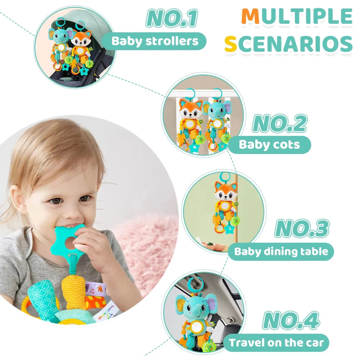 Baby Sensory Hanging Toy – Crinkle Squeaky Plush Animal with Teether for Pram, Crib & Car Seat