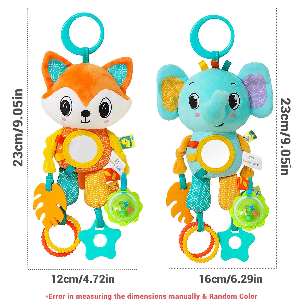 Baby Sensory Hanging Toy – Crinkle Squeaky Plush Animal with Teether for Pram, Crib & Car Seat