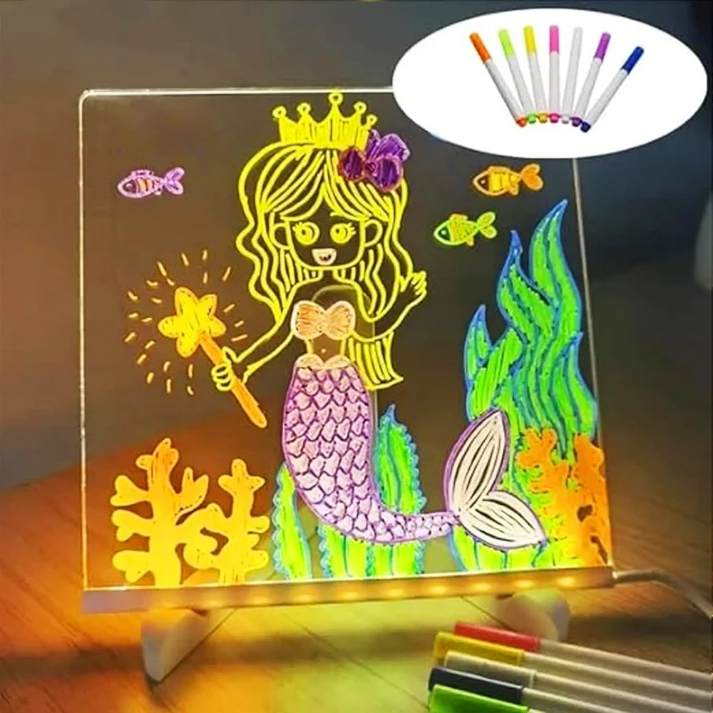 LED Note Board with Night Light – Colourful Drawing Board for Kids with 7 Pens