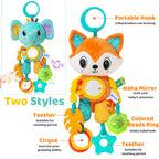 Baby Sensory Hanging Toy – Crinkle Squeaky Plush Animal with Teether for Pram, Crib & Car Seat