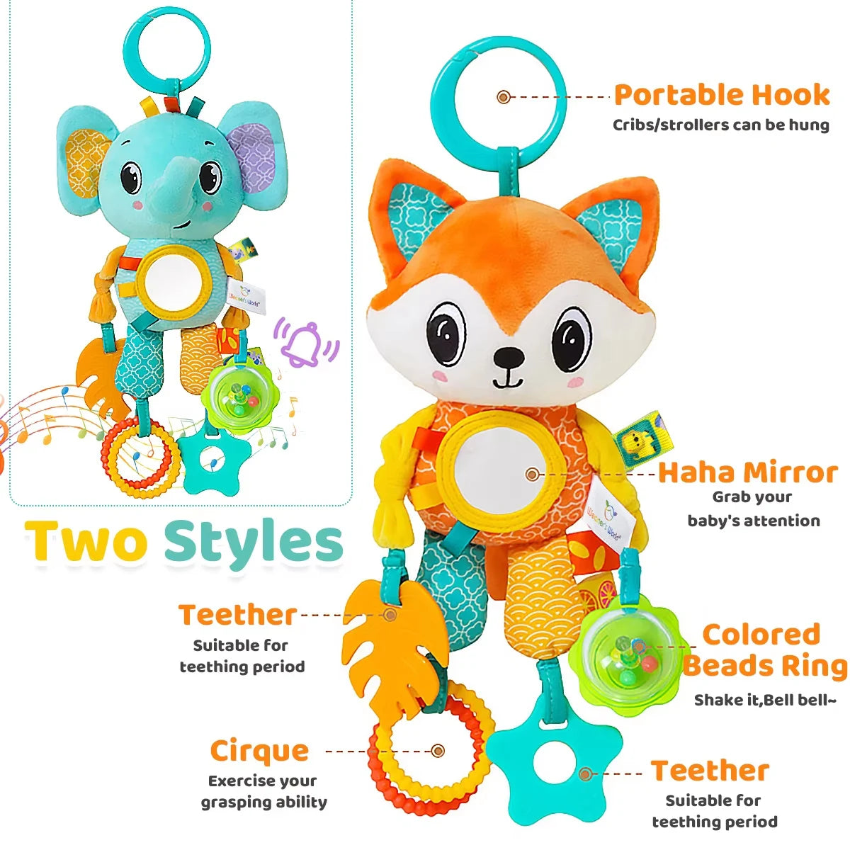 Baby Sensory Hanging Toy – Crinkle Squeaky Plush Animal with Teether for Pram, Crib & Car Seat