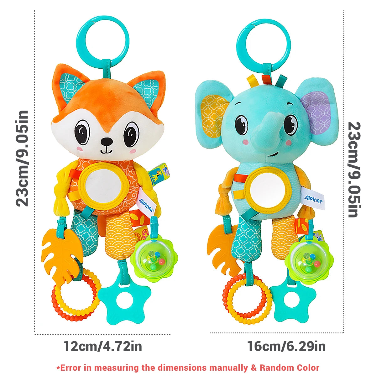 Baby Sensory Hanging Toy – Crinkle Squeaky Plush Animal with Teether for Pram, Crib & Car Seat
