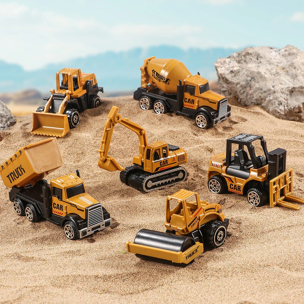 6pc Diecast Engineering Vehicle Set – Alloy Toy Cars with Excavator, Bulldozer & Roller