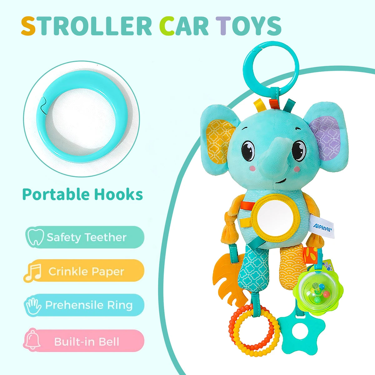 Baby Sensory Hanging Toy – Crinkle Squeaky Plush Animal with Teether for Pram, Crib & Car Seat
