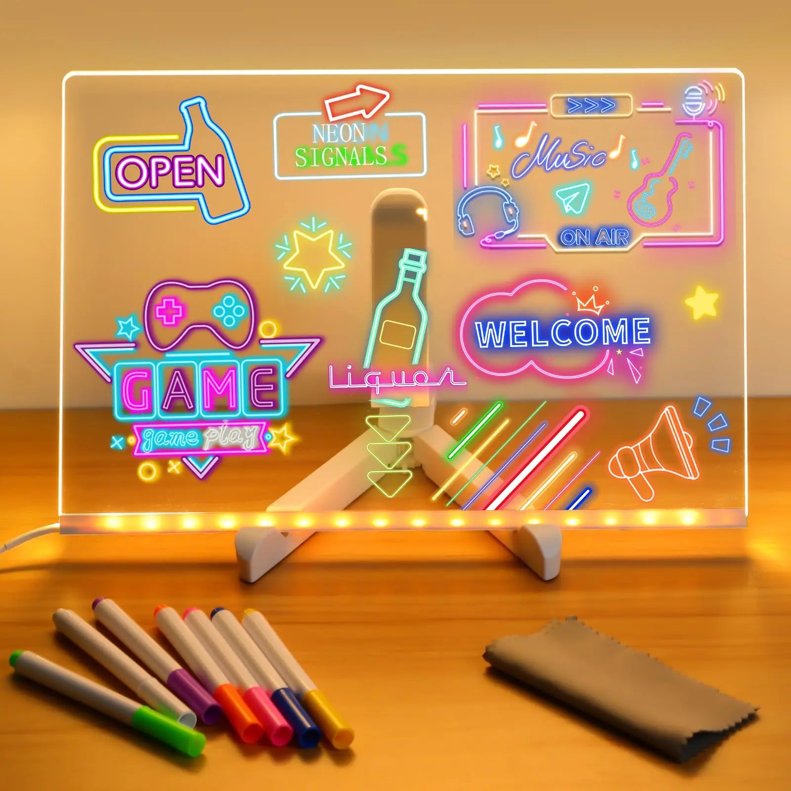 LED Note Board with Night Light – Colourful Drawing Board for Kids with 7 Pens