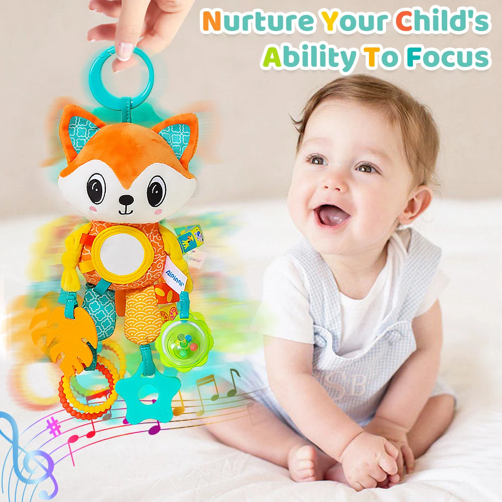 Baby Sensory Hanging Toy – Crinkle Squeaky Plush Animal with Teether for Pram, Crib & Car Seat