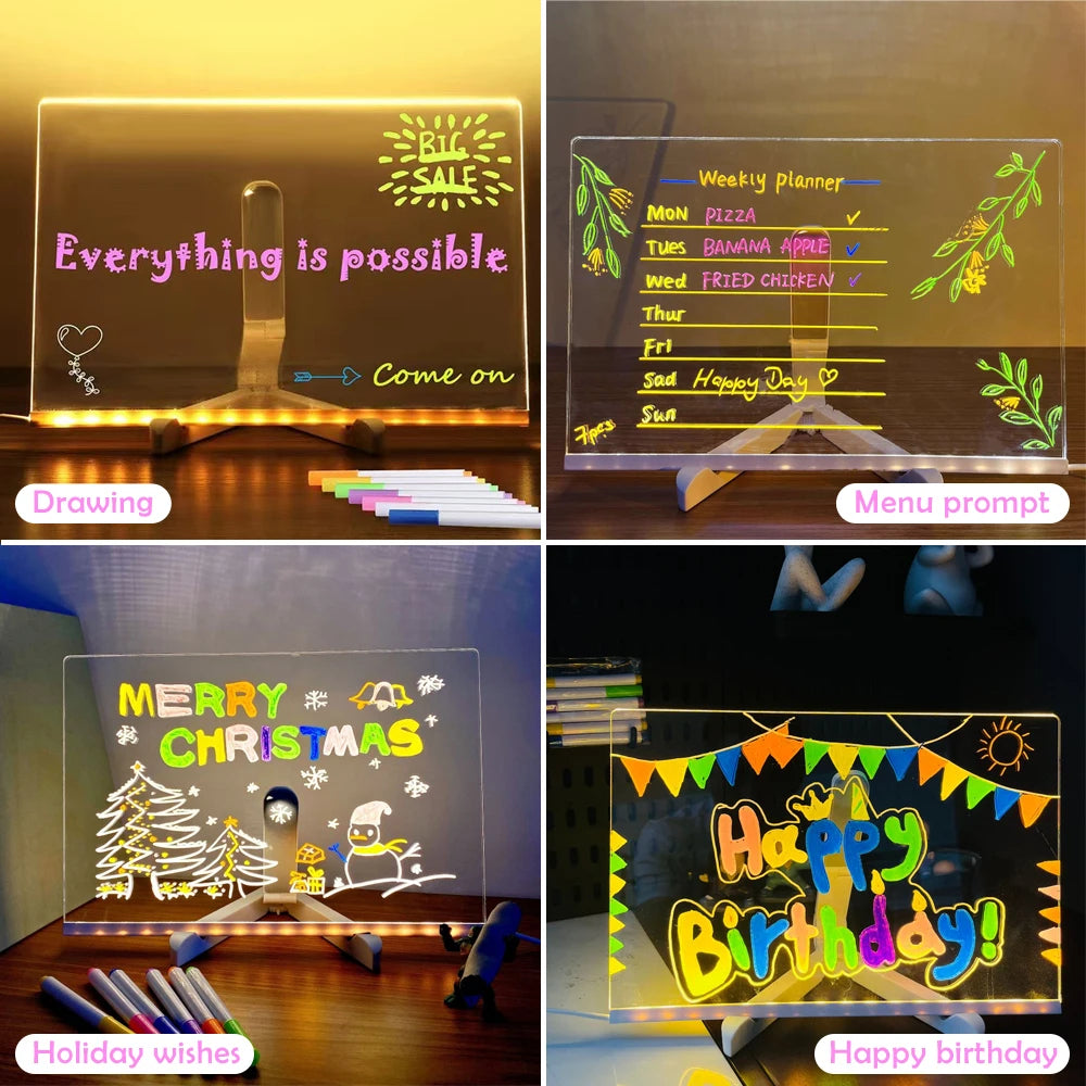 LED Note Board with Night Light – Colourful Drawing Board for Kids with 7 Pens
