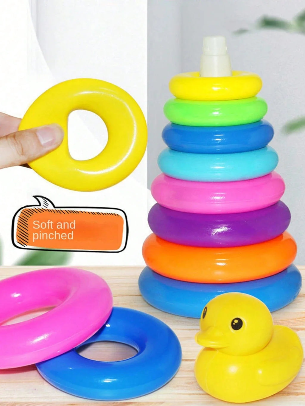 Yellow Duck Rainbow Tower Stacking Toy – Circle Toss & Stacking Game for Kids