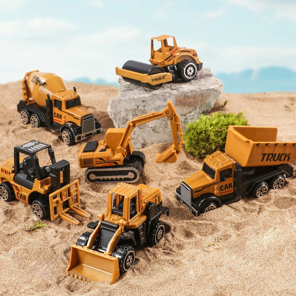 6pc Diecast Engineering Vehicle Set – Alloy Toy Cars with Excavator, Bulldozer & Roller