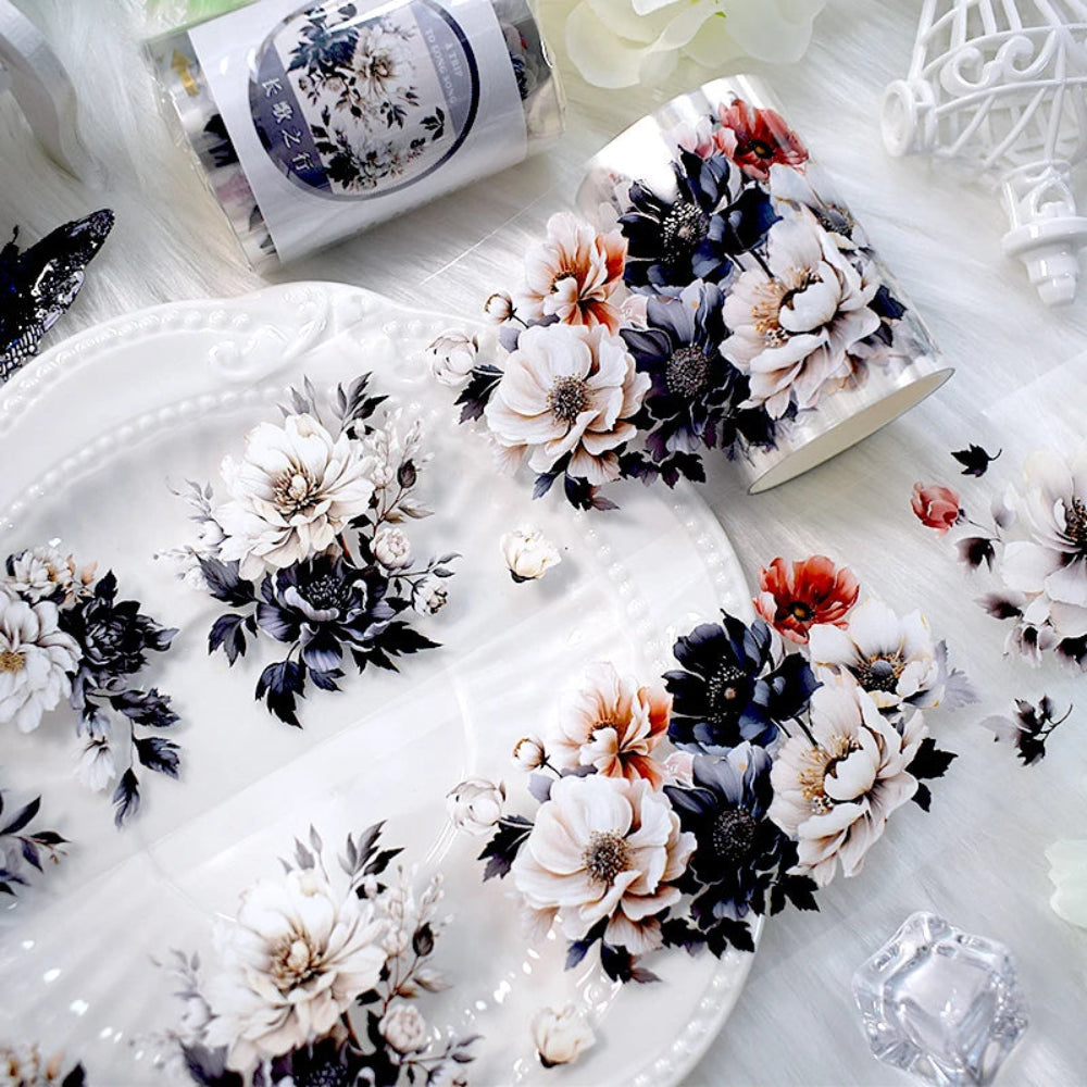 Black & White Flower PET Tape – 2m Roll