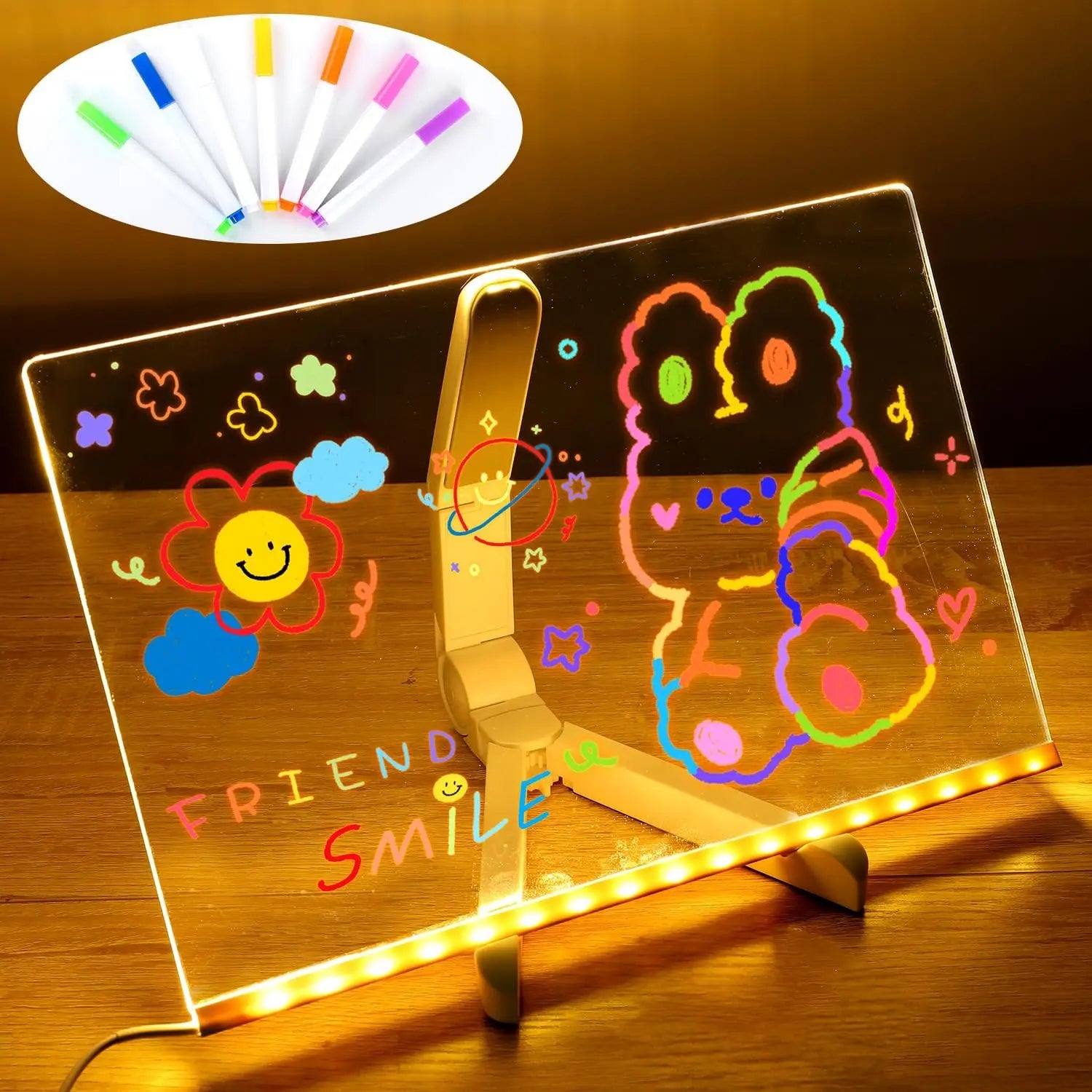 LED Note Board with Night Light – Colourful Drawing Board for Kids with 7 Pens