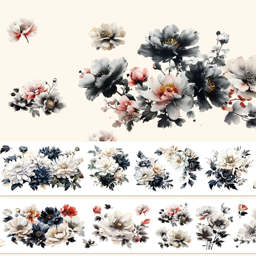 Black & White Flower PET Tape – 2m Roll