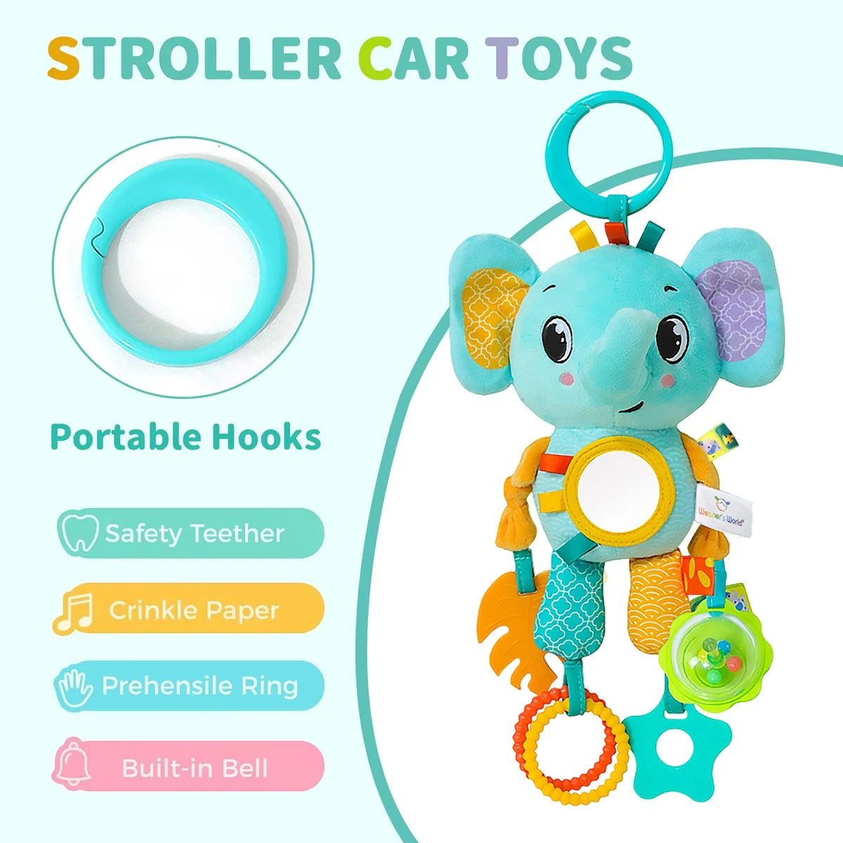 Baby Sensory Hanging Toy – Crinkle Squeaky Plush Animal with Teether for Pram, Crib & Car Seat