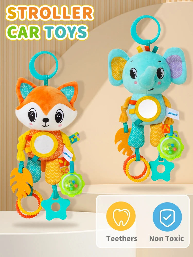 Baby Sensory Hanging Toy – Crinkle Squeaky Plush Animal with Teether for Pram, Crib & Car Seat