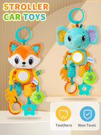 Baby Sensory Hanging Toy – Crinkle Squeaky Plush Animal with Teether for Pram, Crib & Car Seat